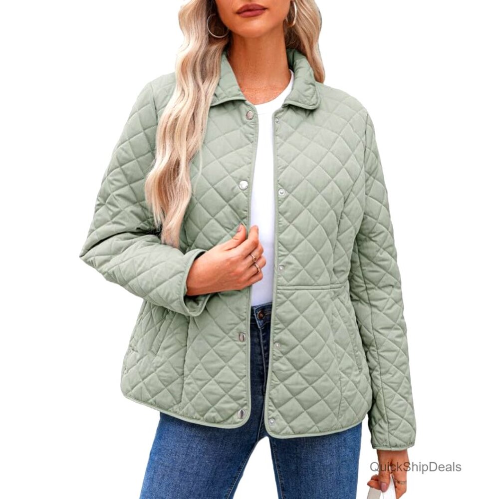 Women's Quilted Puffer Jacket with Diamond Texture, Snap Front, Pockets